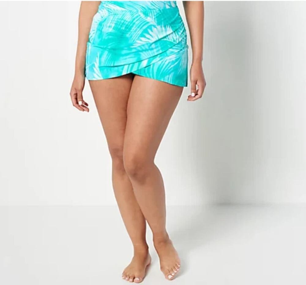 Jantzen Teal Blue Tropical Hawaiian Swim Bathing Suit Over Skirt Women's Size 14
